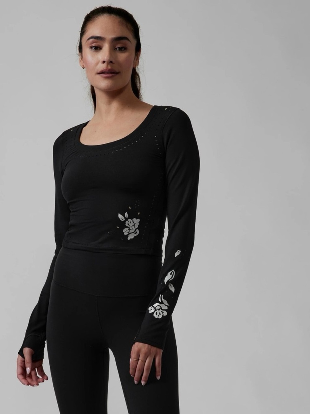 Athleta Floral Shanti Eyelet Top Black Size Medium